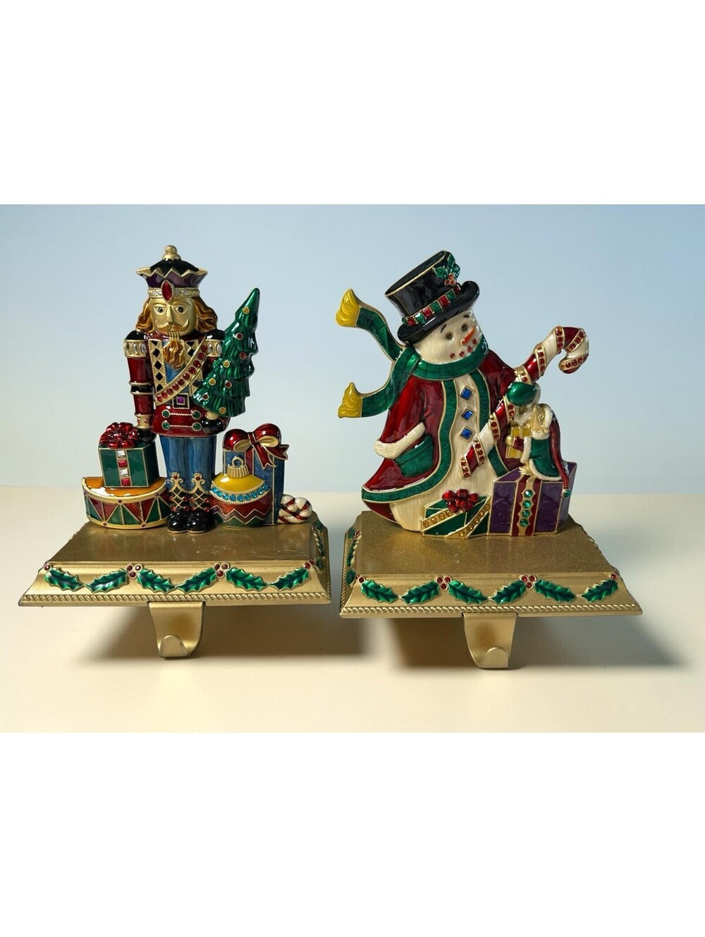 Set of 2 Jeweled Enamel Horse &  Tree &snowman  Stocking Holder Heavy Metal